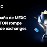 Logo de MEXC, copa plateada llena de monedas y de TON, fondo negro