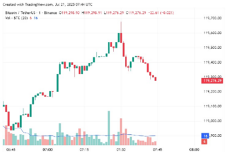 Price chart for Bitcoin in the past few hours of trading, July 21, 2025