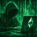 un hacker frente a una laptop que tiene el logo de Ethereum. Todo en tono verde