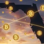 Silueta del estado de Florida con bitcoin alrededor.