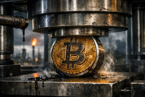 Bitcoin coin being crushed by an industrial press in a smoky refinery setting, symbolizing pressure on Bitcoin price as US economic growth slows and inflation remains persistent