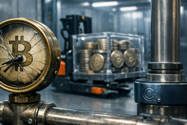 Cracked pressure gauge with a Bitcoin symbol in an industrial facility beside crates of BTC coins, representing market stress after Coinbase’s $69.5B wallet reshuffle disrupted a key Bitcoin bottom indicator