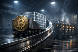 Bitcoin mining carts carrying stacked blocks on an industrial conveyor line, symbolizing power-law growth under pressure from shifting ETF inflows