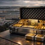 Briefcase filled with gold bars and Bitcoin in front of the Pentagon, symbolizing a $200 billion Iran war bill equated to millions of BTC