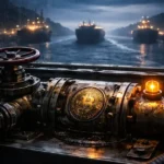 Two executives moving a secured XRP-branded case down a hallway, symbolizing a 78% collapse in XRP leverage while $1.4 billion in ETF inflows remains tied to Ripple’s expanding footprint