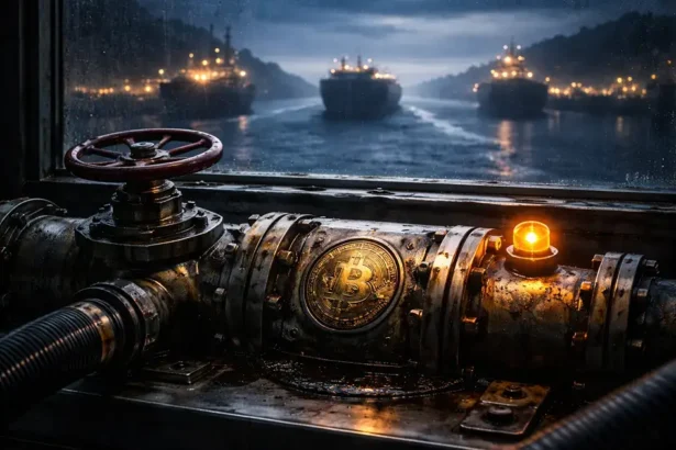 Two executives moving a secured XRP-branded case down a hallway, symbolizing a 78% collapse in XRP leverage while $1.4 billion in ETF inflows remains tied to Ripple’s expanding footprint