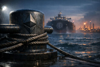 Ethereum logo anchored to a dock as a Bitcoin-marked tanker approaches through turbulent waters, symbolizing Ethereum gaining strength over Bitcoin amid shifting global markets during US-Iran tensions